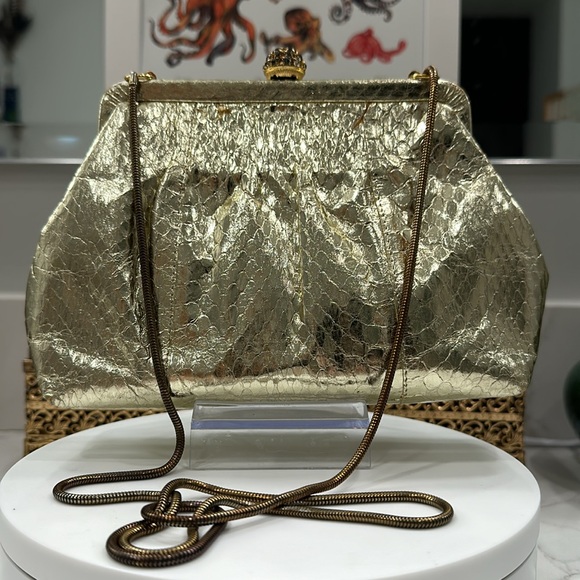Vintage Robinson’s Metallic Gold Snakeskin Evening Bag - Serpentine Chain VGVC - Picture 4 of 16